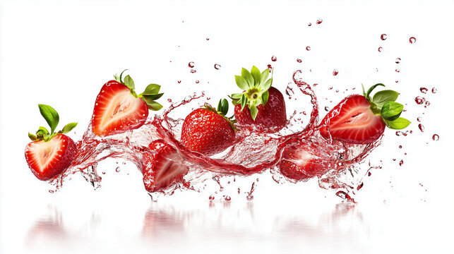 Fresh sliced sweet and delicious strawberries isolated on white background with juice splash