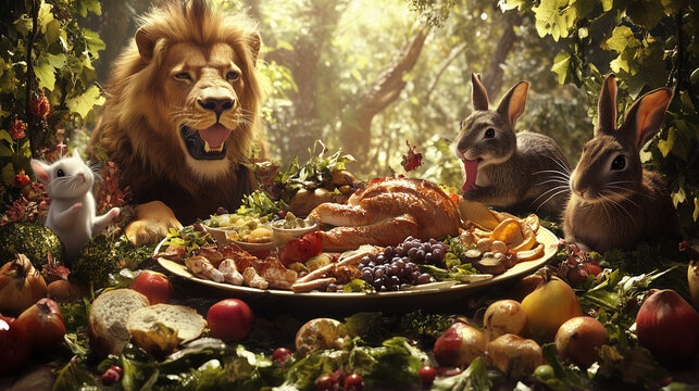 Giant plate full of delicious food 3d cartoon Lion, Rabbit, & Rat enjoying food together defocused forest background wild photography concept