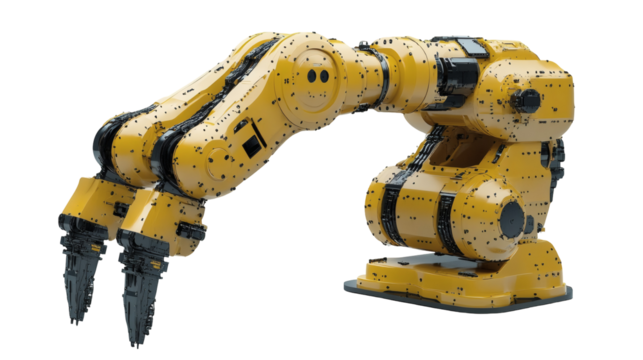 Yellow robotic arm against black background - Powered by Adobe