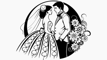 bride, groom, wedding, silhouette, elegant, intricate dress, swirling patterns, minimalist, black and white..svg