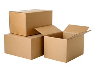 Three brown cardboard boxes, one with open flaps and two closed, arranged together.