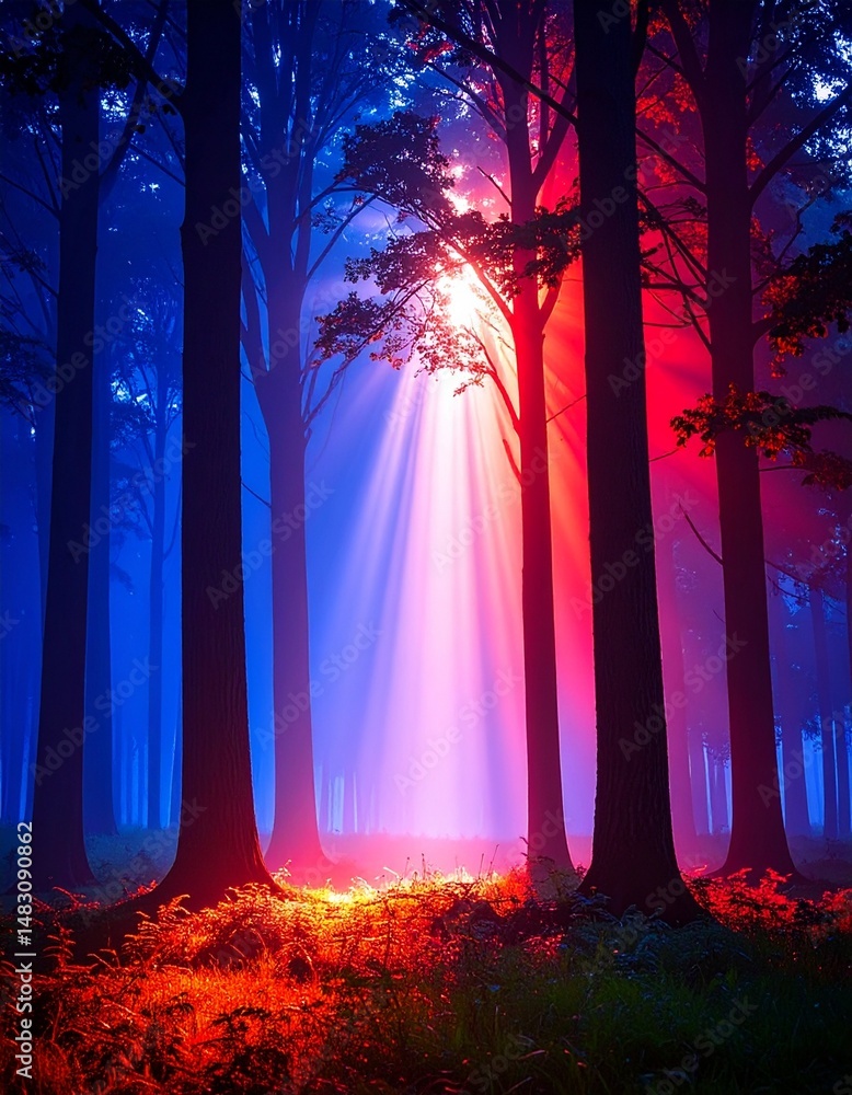 Poster light shines through the trees with a strong contrast of red and blue, creating a mystical atmospher