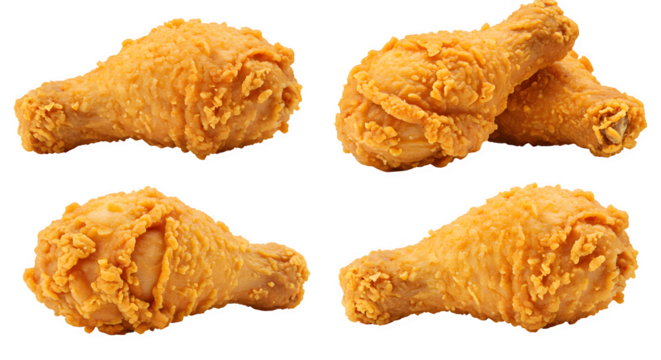 set of 4 Crispy Fried Chicken Drumsticks Isolated on White background, Golden Crunchy Fried Chicken Pieces on white background, crispy fried chicken pieces