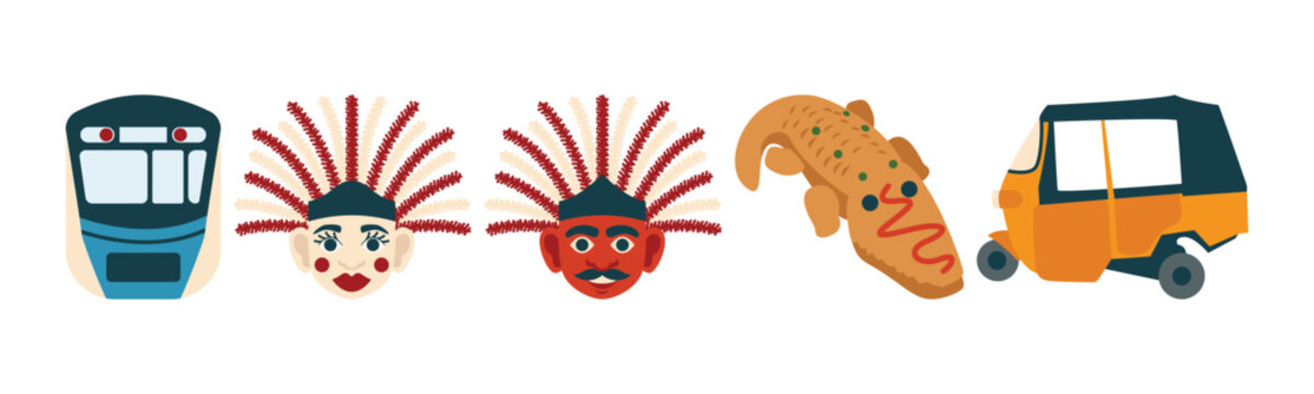 A vibrant vector image showcasing iconic elements of Jakarta city culture, including transportation, traditional mask ondel-ondel, crocodile bread, and more.