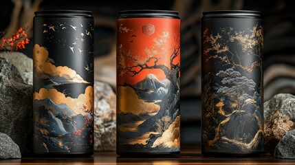 Fototapeta premium Exquisitely designed, hand-crafted, premium beverage cans showcasing intricate Japanese-style mountain landscapes