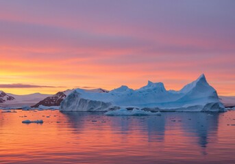 極彩色の夕焼け空 氷山が浮かぶ静かな海