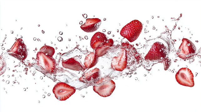 Fresh sliced sweet and delicious strawberries isolated on white background with juice splash