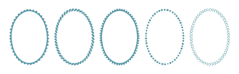Collection of hand drawn oval frames with different decorative styles - dotted, leafy and scalloped patterns. Perfect for vintage designs, invitations and scrapbooking.