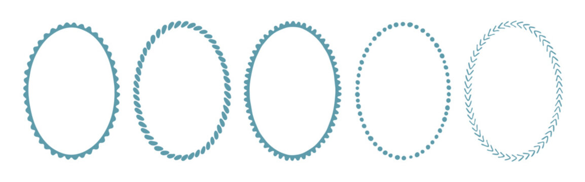 Collection of hand drawn oval frames with different decorative styles - dotted, leafy and scalloped patterns. Perfect for vintage designs, invitations and scrapbooking.