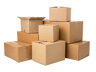 Fototapeta premium A group of variously sized cardboard boxes stacked together, some open and some closed.