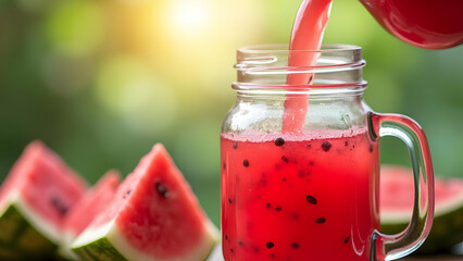 Vibrant Red Watermelon Juice Streaming in Slow Motion from Glass Jug into Mason Jar Forming Perfect Laminar Flow Catching Sunlight
