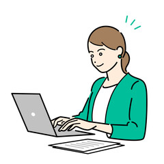 パソコン作業中のビジネススーツ着用の女性のシンプルな上半身ベクターイラスト