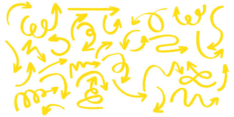 Crayon arrow sketches collection - hand drawn doodle style pointers, curved lines, round swirls. Chaotic scribbling, artistic design elements set. Black grunge brush strokes isolated on white bg