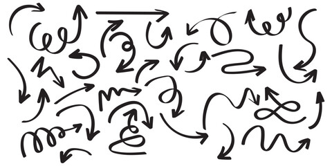 Crayon arrow sketches collection - hand drawn doodle style pointers, curved lines, round swirls. Chaotic scribbling, artistic design elements set. Black grunge brush strokes isolated on white bg
