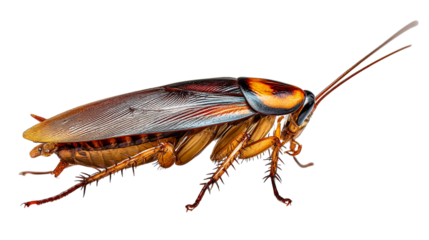 Detailed closeup of a striking orange and brown cockroach insect specimen on detailed macro photography of a on transparent background bug