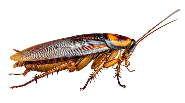 Detailed closeup of a striking orange and brown cockroach insect specimen on detailed macro photography of a on transparent background bug