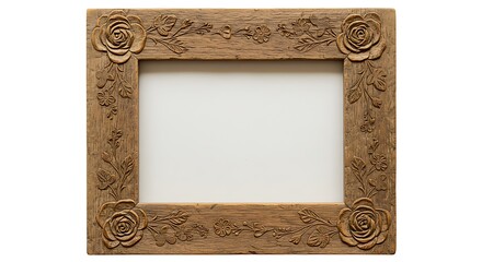 Intricate carved roses adorn this rustic wooden picture frame showcasing soft warm light.. AI Generated