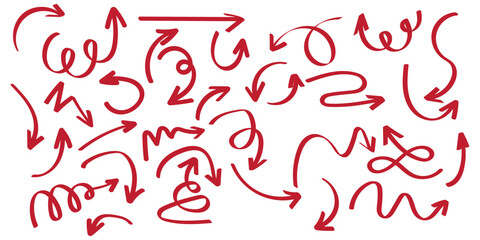 Crayon arrow sketches collection - hand drawn doodle style pointers, curved lines, round swirls. Chaotic scribbling, artistic design elements set. Black grunge brush strokes isolated on white bg