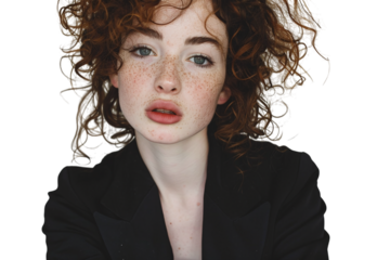 Portrait of a Young Woman with Curly Hair and Freckles in a Black Blazer Varient 2