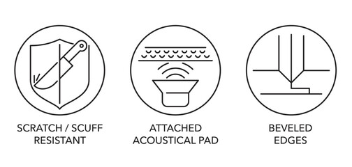 Laminate flooring icons - Scratch, Scuff resistant, acoustical pad, Beveled edges