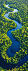 Aerial view of a meandering river snaking through a dense, vibrant green rainforest. Lush beauty unfolds.