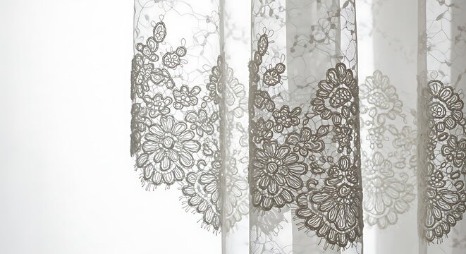 Elegant lace curtains softly diffuse sunlight creating a delicate textured pattern. AI Generated - Powered by Adobe