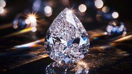 Obraz premium Pear-shaped diamond reflecting light on a dark surface.