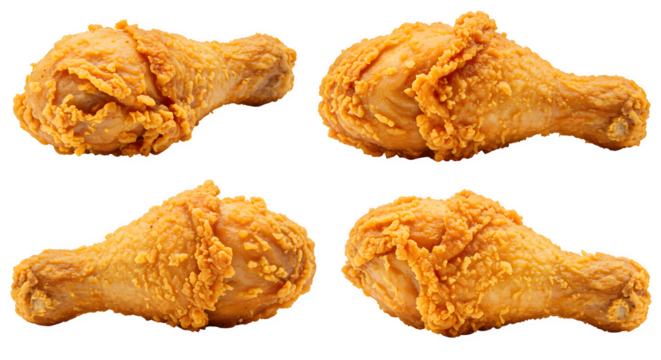 set of 4 Crispy Fried Chicken Drumsticks Isolated on White background, Golden Crunchy Fried Chicken Pieces on white background, crispy fried chicken pieces