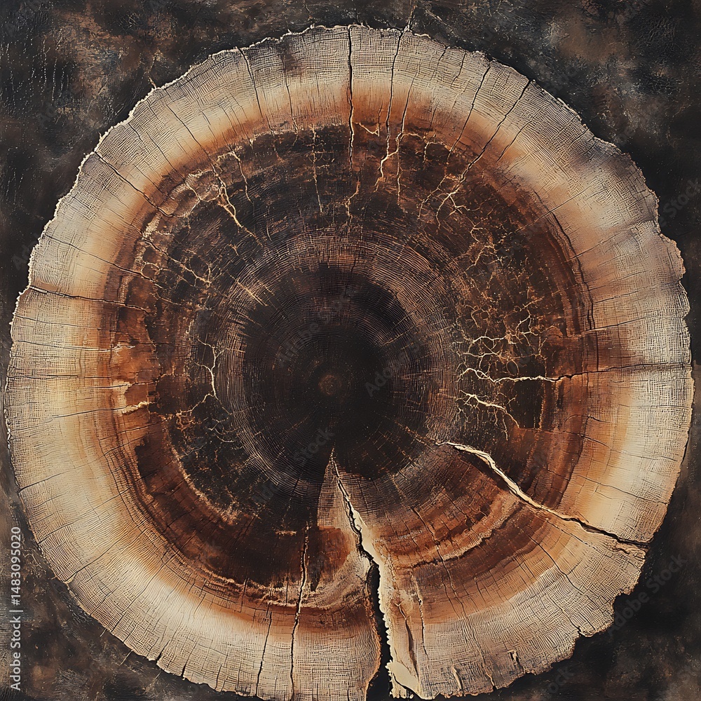 Poster detailed cross section of a tree trunk with concentric rings and textured bark background.