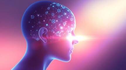 Stylized human head profile with glowing internal network and light emanating from the forehead against a colorful gradient background. Represents mind, technology, or energy.
