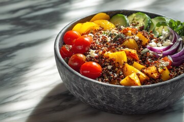 A vibrant quinoa bowl with roasted vegetables, cucumber, and feta cheese. A healthy and delicious meal!