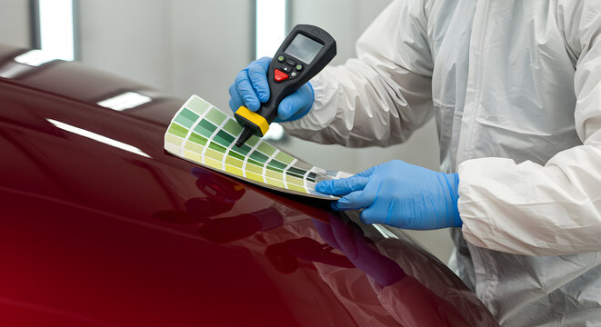 Person Measuring Car Paint Color With Handheld Device in Protective Suit in Repair Shop Automotive Color Matching And Inspection Process