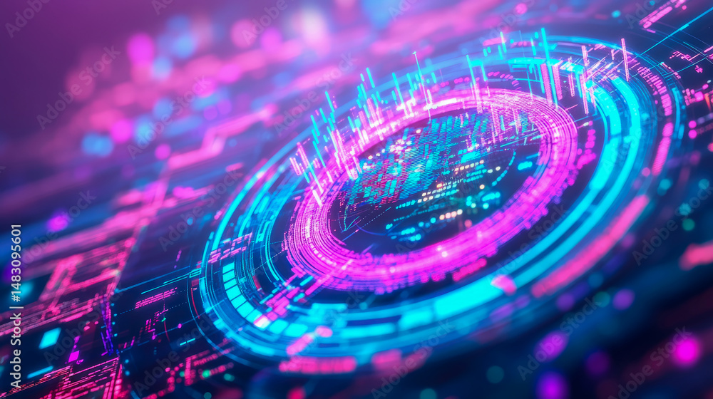Poster futuristic technology concept: abstract digital network with glowing lines and data points, in a bri