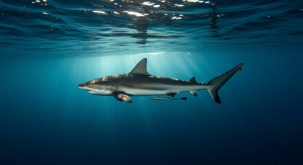 Fototapeta premium Shark in deep blue ocean. Sunlight streams through surface