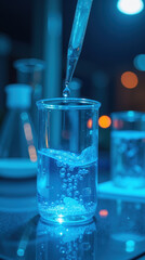 pipette drops clear liquid into beaker filled with bubbling water, creating mesmerizing scene in laboratory setting