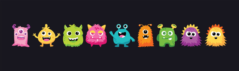 Illustration with a variety of cute, cartoonish, and colorful monsters. Perfect for kids' designs, parties, or Halloween-themed projects.