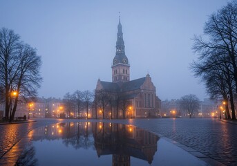 Obraz premium 静寂な夜明け 霧に包まれた教会 幻想的な水面反射