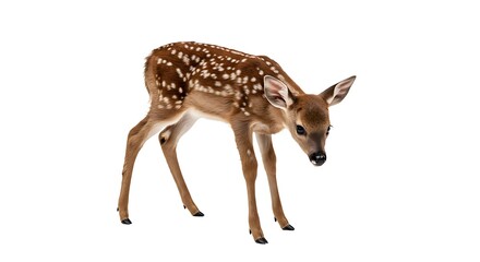 Spotted Fawn Standing Isolated on White Background Looking Down