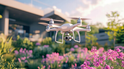 Aerial Innovation: A white quadcopter soars gracefully above a vibrant garden, capturing the beauty of nature and technology integration.