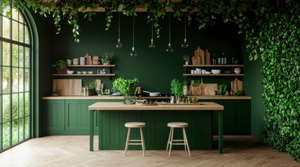 Modern emerald green kitchen with vertical garden
