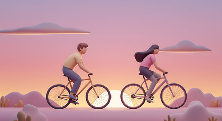 Fototapeta premium Young couple riding bicycles at sunset in a tranquil landscape 