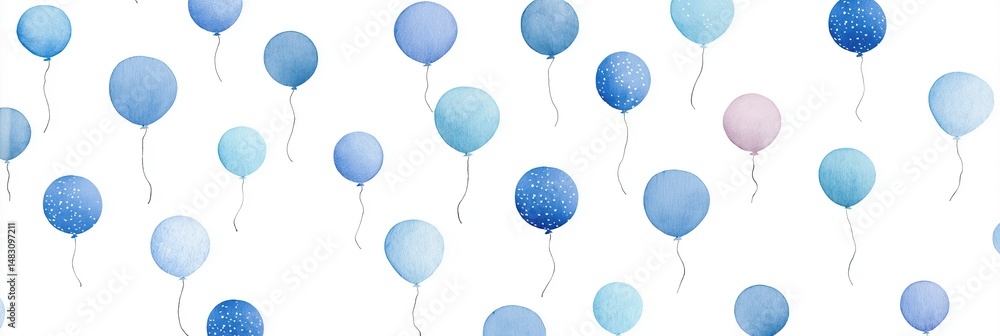 Poster a blue and white background with many balloons of different sizes. the balloons are scattered all ov