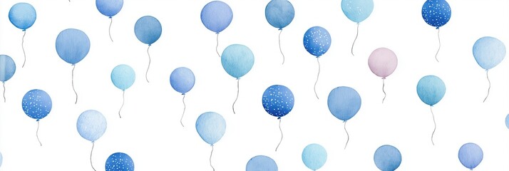 A blue and white background with many balloons of different sizes. The balloons are scattered all over the background, creating a sense of movement and playfulness. Scene is lighthearted and cheerful