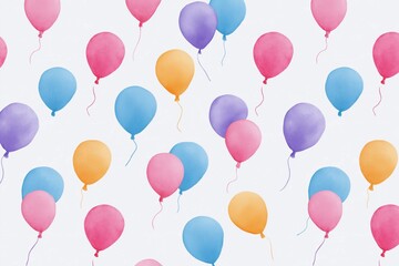 A colorful pattern of balloons is floating in the air. The balloons are of various colors, including pink, blue, yellow, and purple. Concept of joy and celebration
