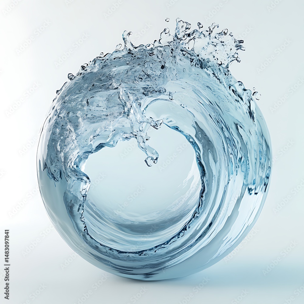 Poster dynamic water sphere: flowing liquid orb with swirling motion and transparent texture against a ligh
