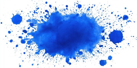A splash of blue paint on a white background. The blue paint is splattered and scattered, creating a sense of movement and energy. Scene is playful and dynamic, as if the paint is alive and in motion