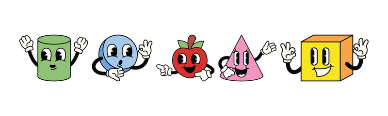 A group of friendly, animated geometric shapes come to life in this colorful and whimsical cartoon illustration, ideal for educational or playful designs.