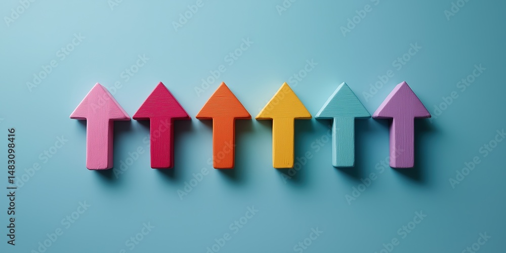 Poster a row of wooden arrows pointing upwards. the arrows are of different colors and sizes. concept of pr
