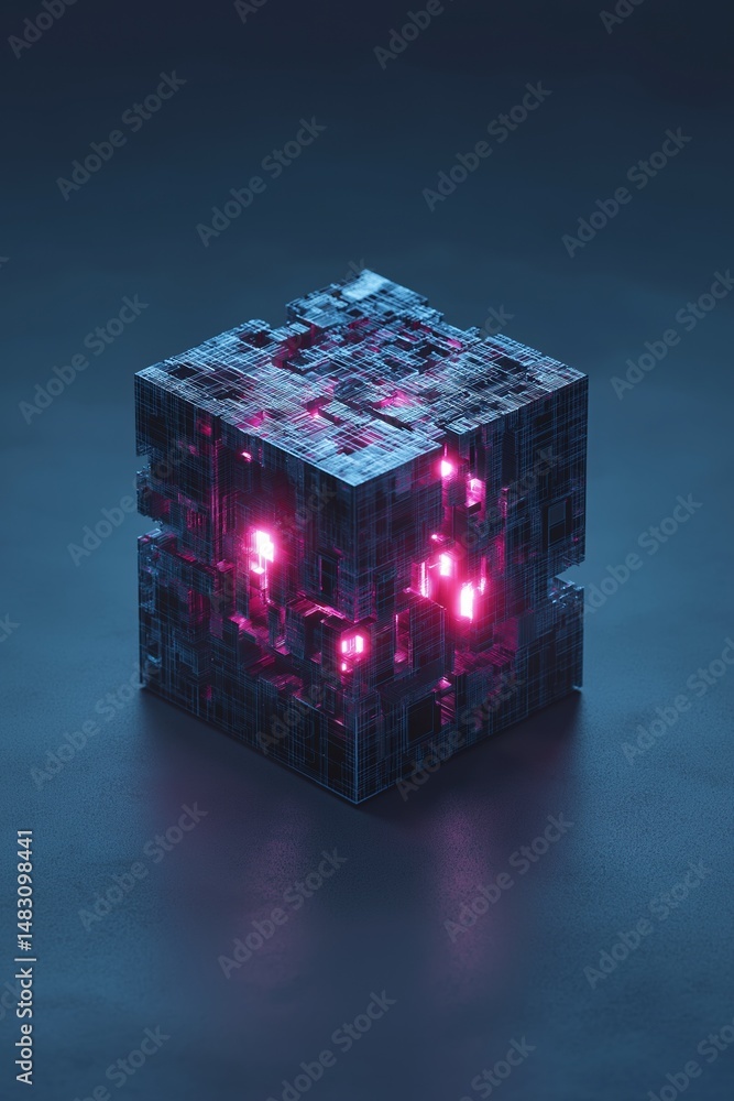 Poster a cube with a pink glow on it. the cube is made of a material that is not visible