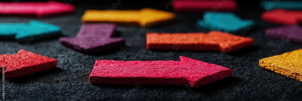 Poster a bunch of colorful arrows are scattered on a black background. the arrows are of different colors a